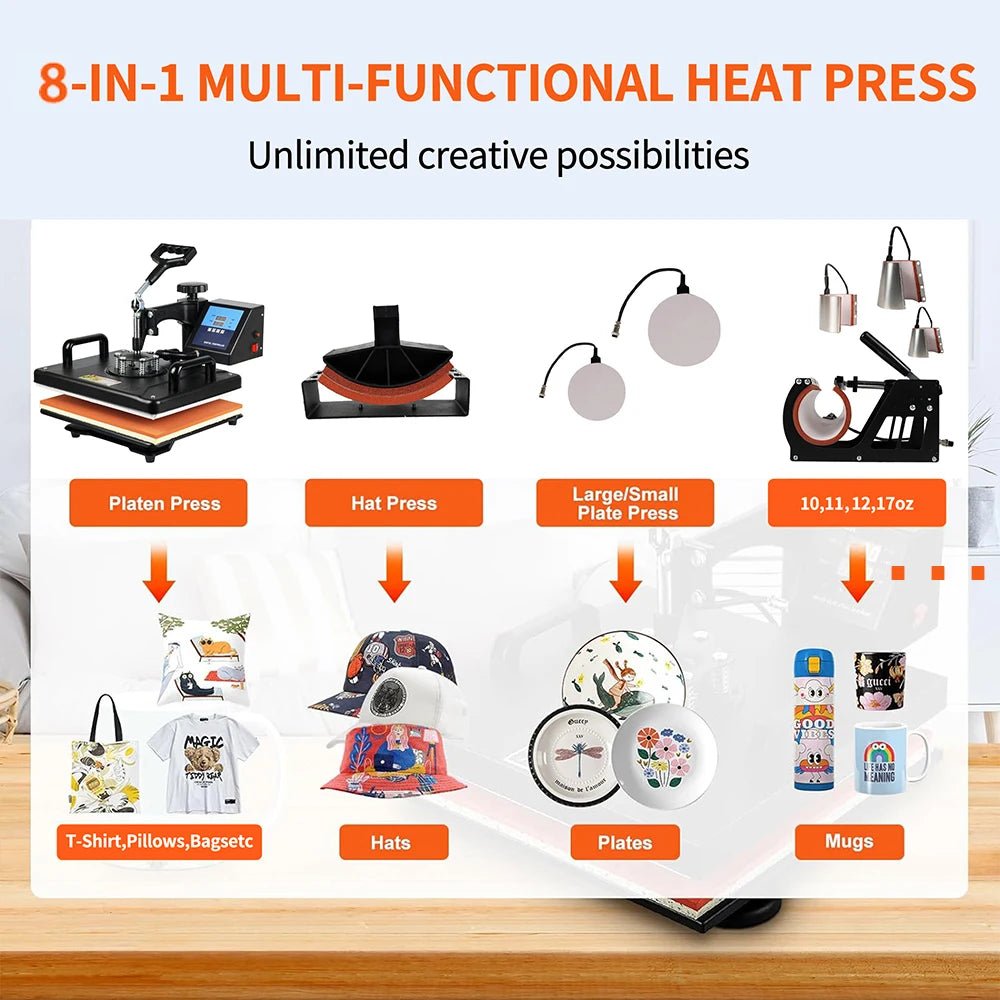 Presse à Chaud 8 en 1 Combo Sublimation T-Shirts Mugs Casquettes CE
