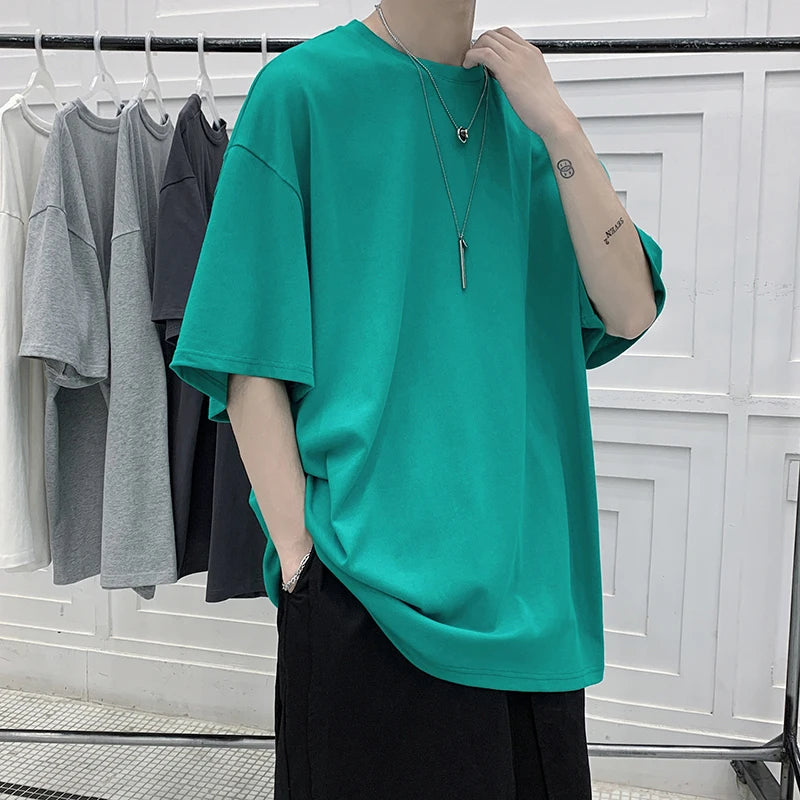 T-Shirt Homme Oversize Manches Courtes - Uni Lâche Col Rond Tendance