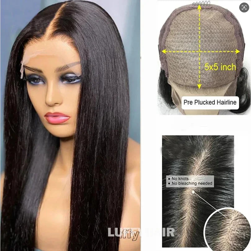 Perruque Cheveux Humains Longue Droite 26" - 180 Densité avec Baby Hair