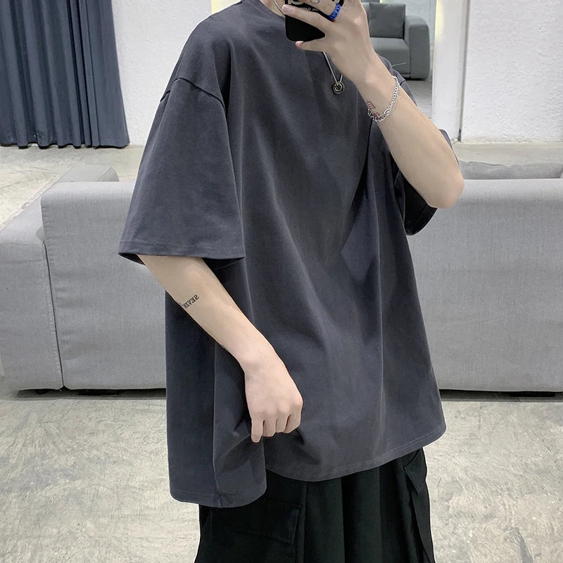 T-Shirt Homme Oversize Manches Courtes - Uni Lâche Col Rond Tendance