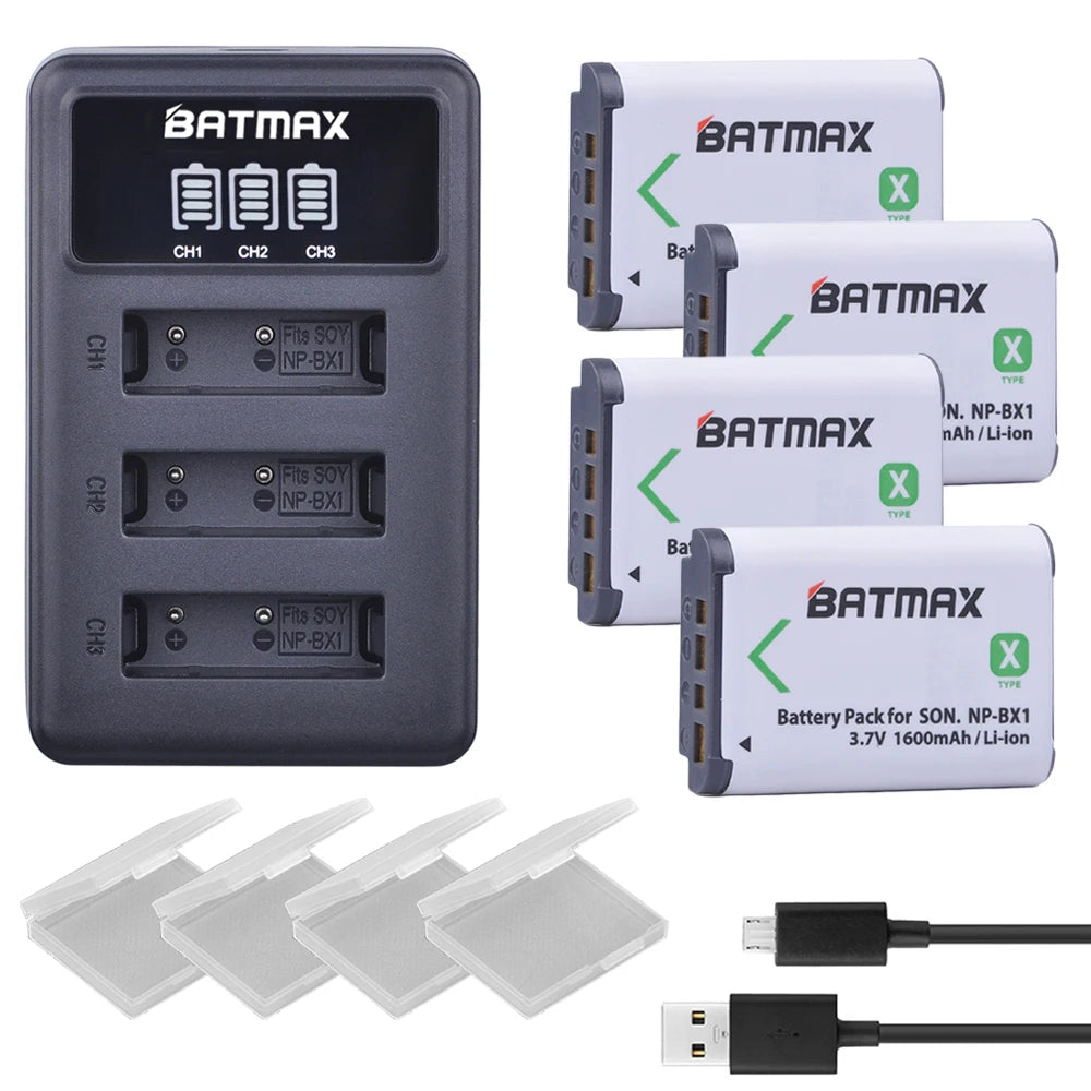 Batterie NP-BX1 + Chargeur 3 Slots LCD pour Sony RX100, WX500, HX300