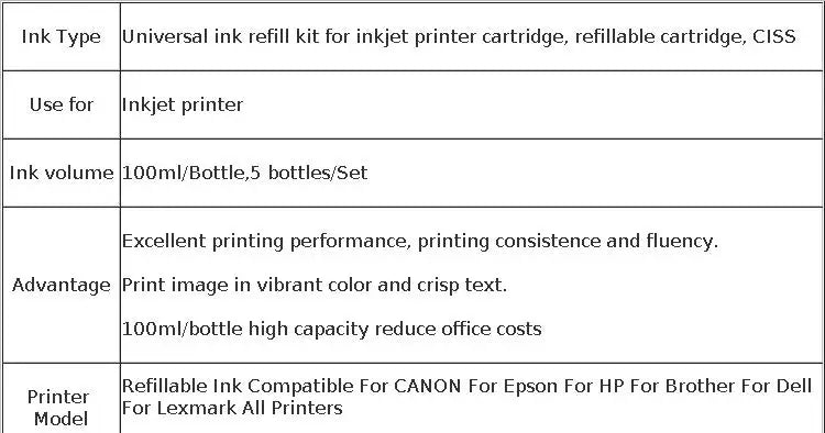 Kit Encre Universelle Dye 5x100 ml pour HP Canon Epson Brother
