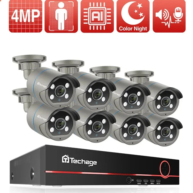 Kit Caméras Surveillance Techage 8CH 4MP PoE H.265 avec Détection Visage