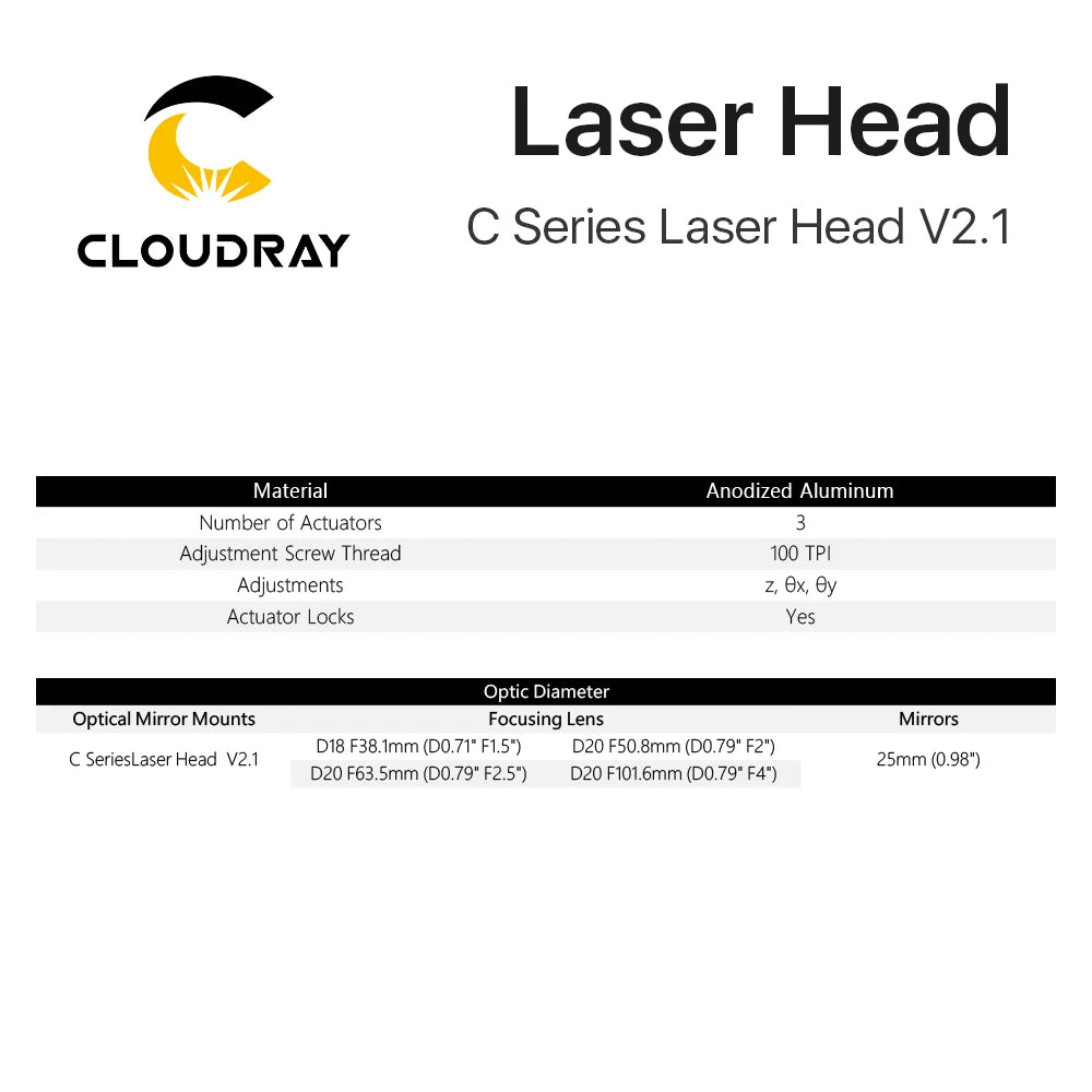 Tête Laser CO2 Cloudray C-Series - Lentille FL38.1 à 101.6 mm