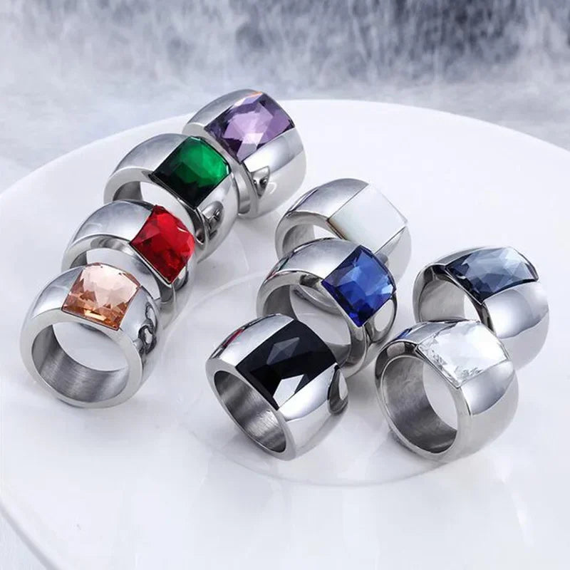 Bague Acier Inoxydable Femme - Cristal Autrichien Bleu/Vert/Rouge