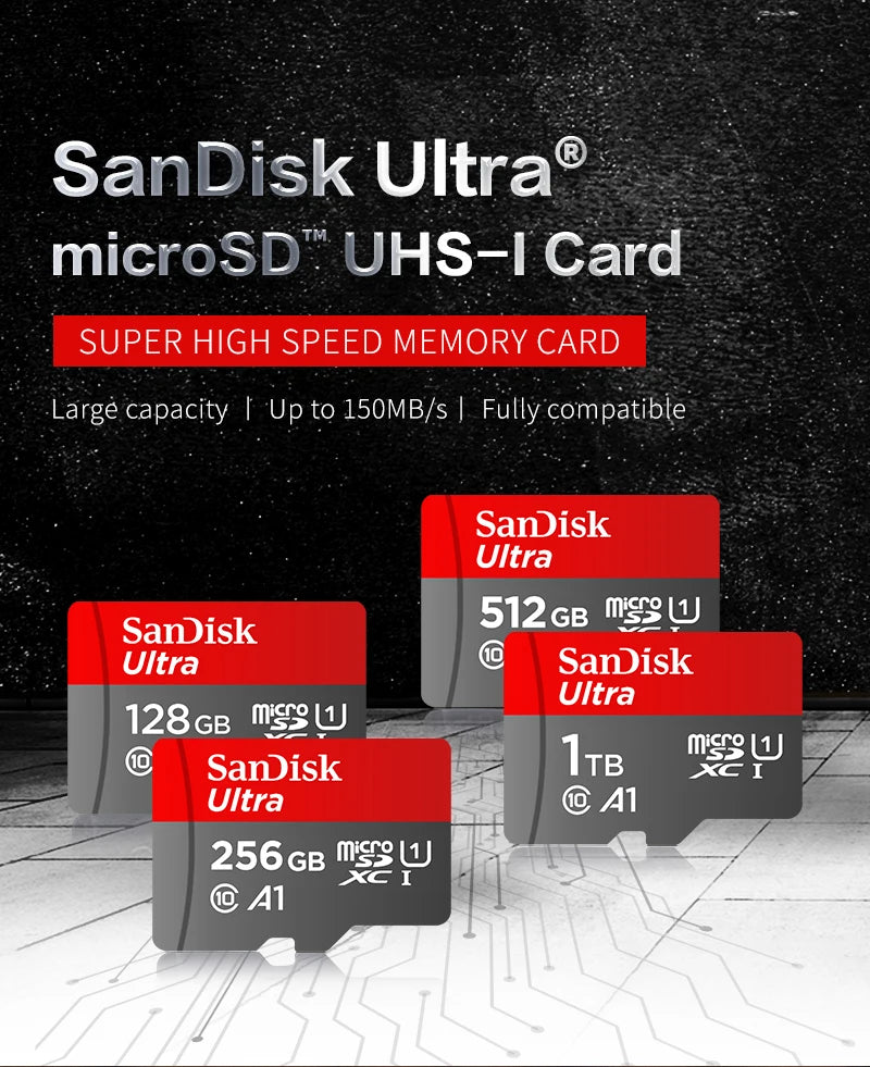 Carte MicroSD SanDisk Originale 32 Go à 1 To - Jusqu'à 150 Mo/s A1 C10