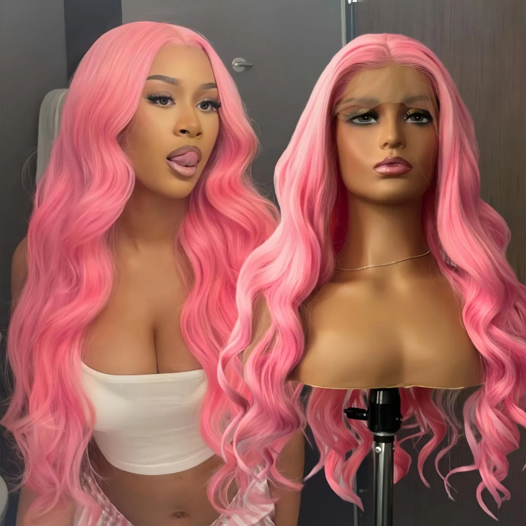 Perruque Rose Longue Bouclée Vague - Lace Front Synthétique Lâche