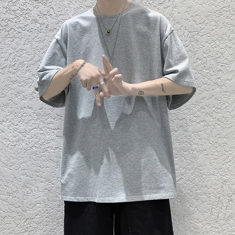 T-Shirt Homme Oversize Manches Courtes - Uni Lâche Col Rond Tendance